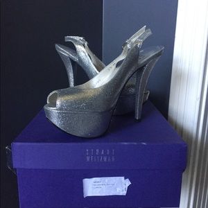 Stuart Weitzman Silver Mimi Glitter slingback